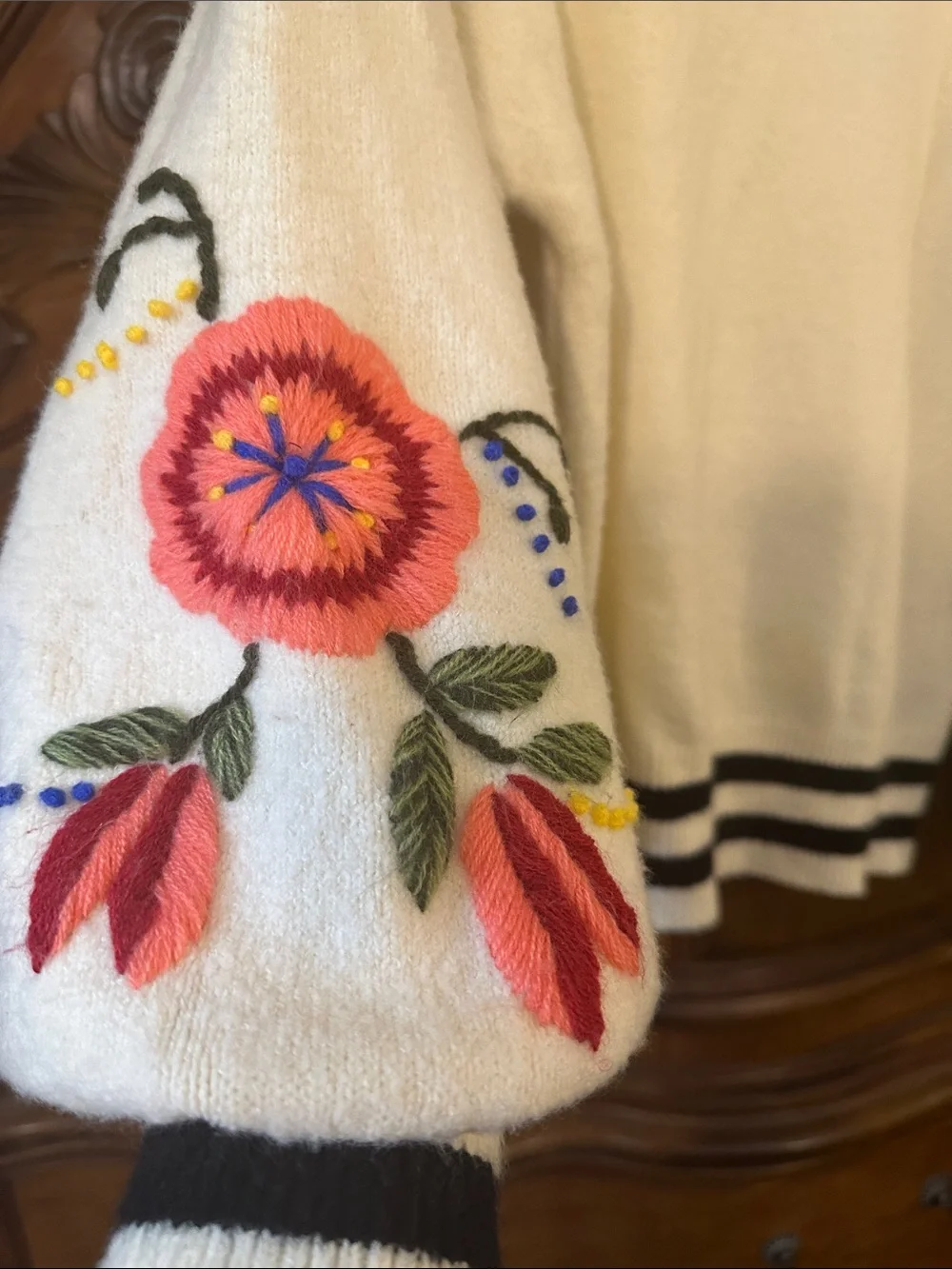 Embroidered  Floral  Oversized Cream Sweater W/ Black Stripes Puffer longsleeves